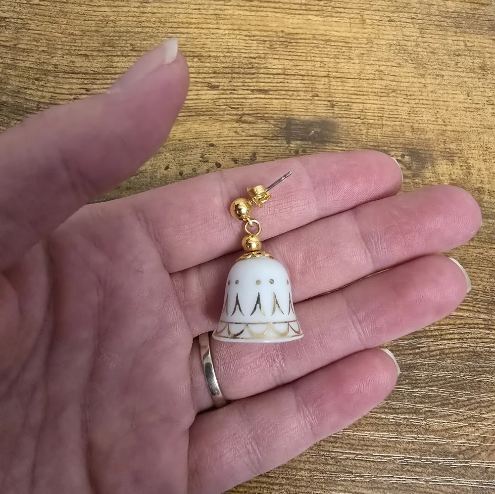 Gold Tone and White Bell Earrings